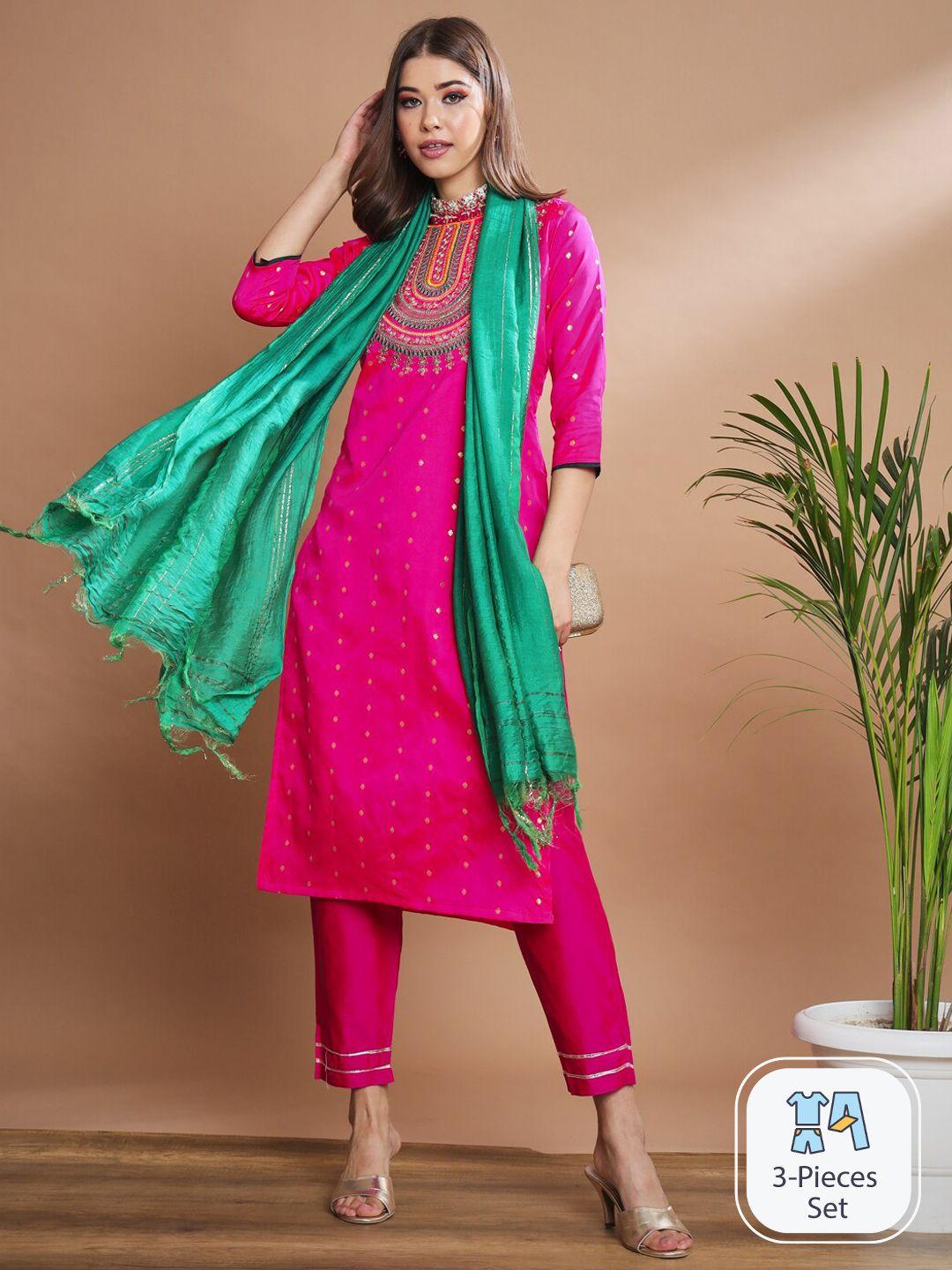 pptoss floral embroidered thread work kurta with trousers & dupatta