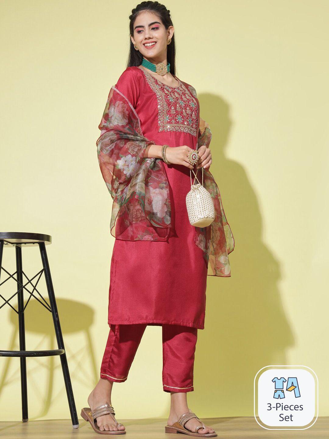 pptoss floral yoke design thread work kurta with trousers & dupatta