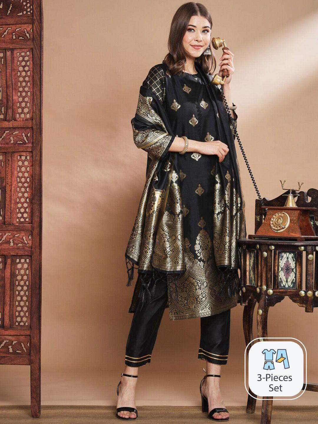 pptoss ethnic motifs woven design straight kurta with trousers & dupatta