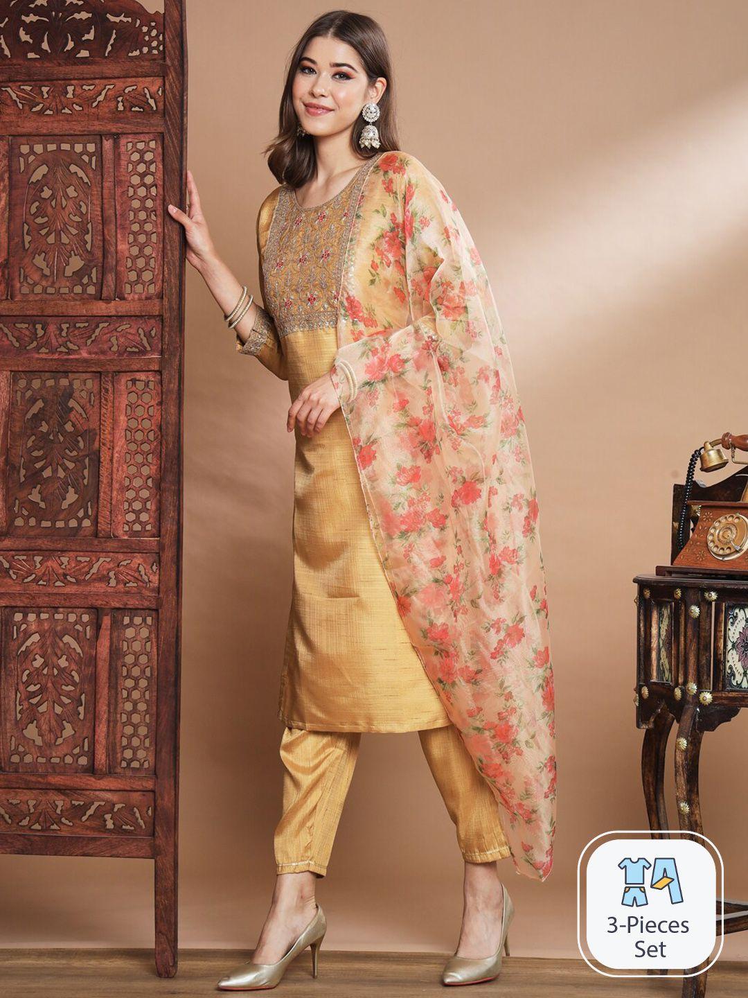 pptoss ethnic motifs yoke design regular thread work kurta with trousers & dupatta