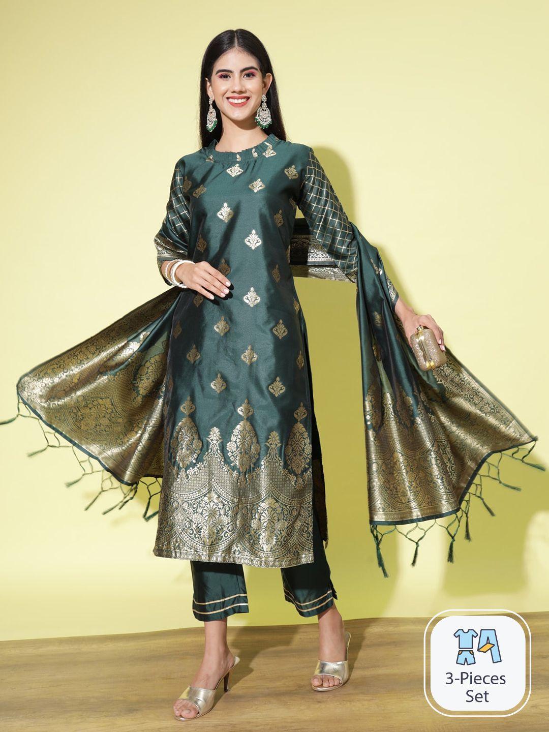 pptoss ethnic motifs woven design regular kurta with trousers & with dupatta