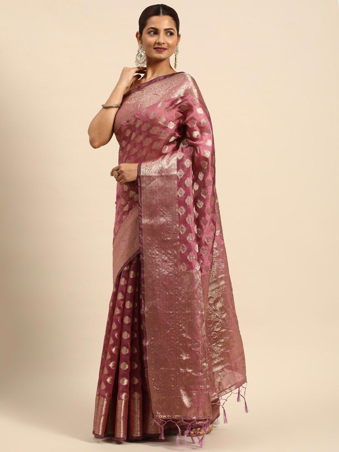 mitera purple & gold-toned ethnic motifs woven design zari organza saree