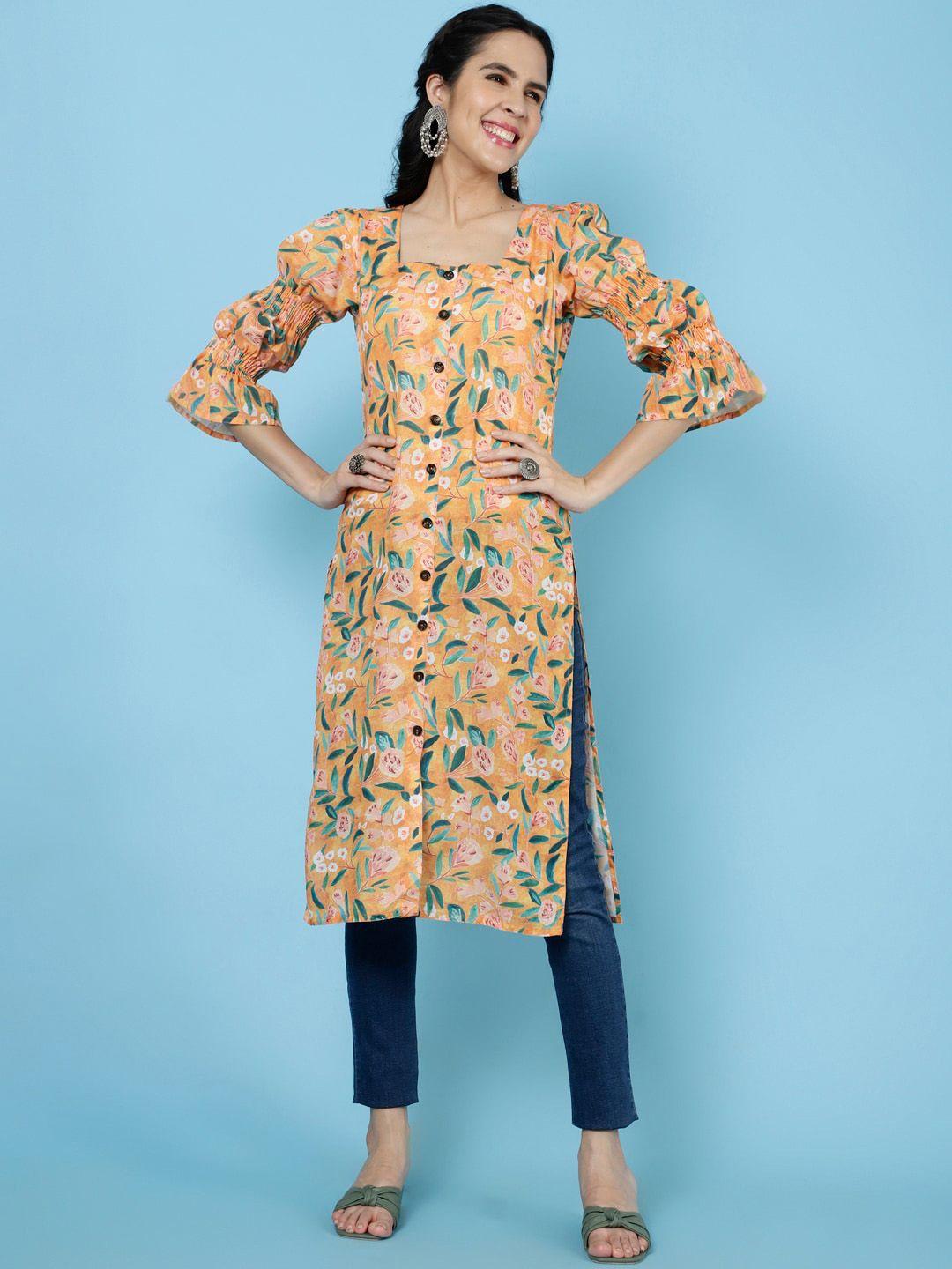 jaipur kurti floral printed bell sleeves casual straight kurta