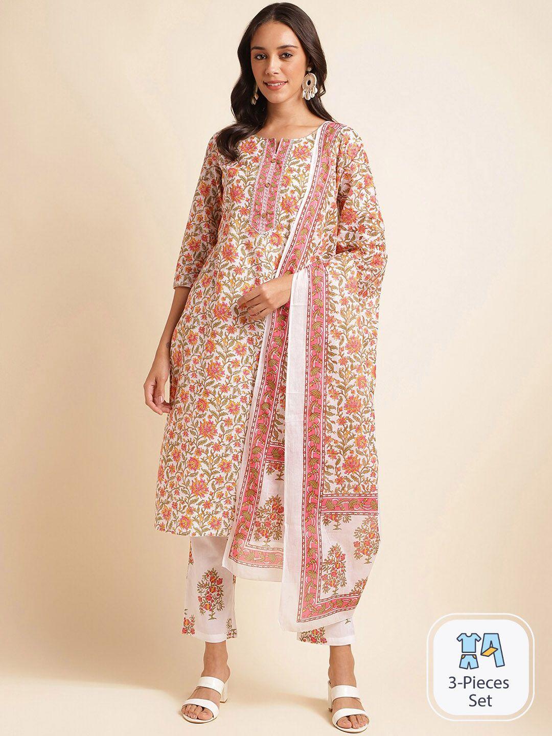 mesmora fashion floral printed pure cotton regular kurta with trousers & dupatta