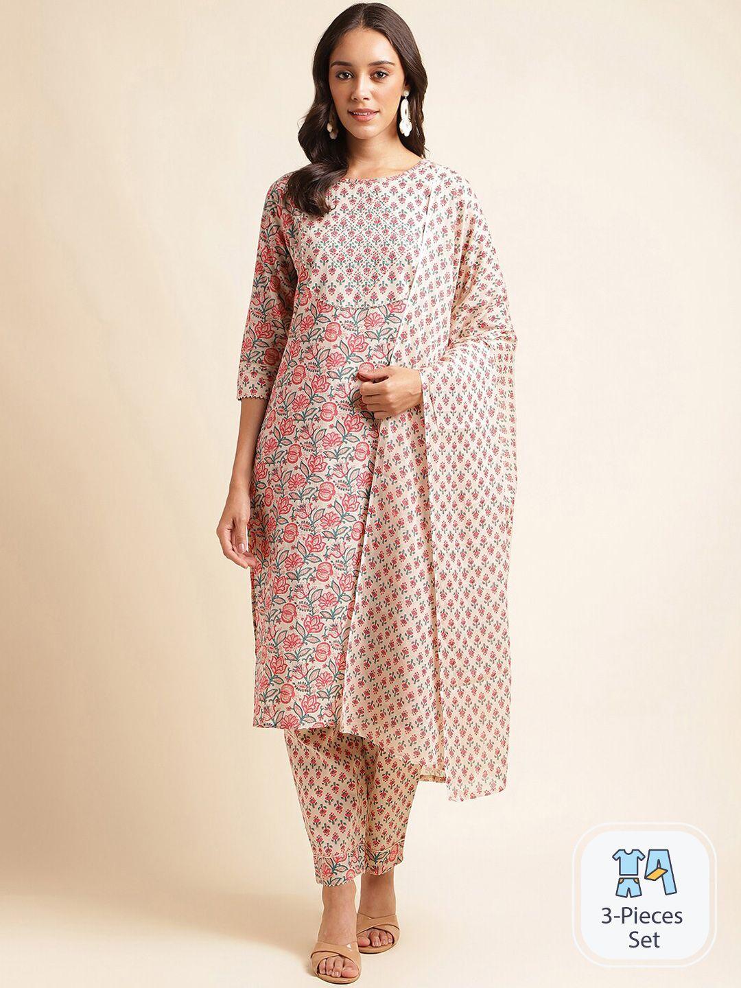 mesmora fashion floral printed regular pure cotton kurta with trousers & dupatta