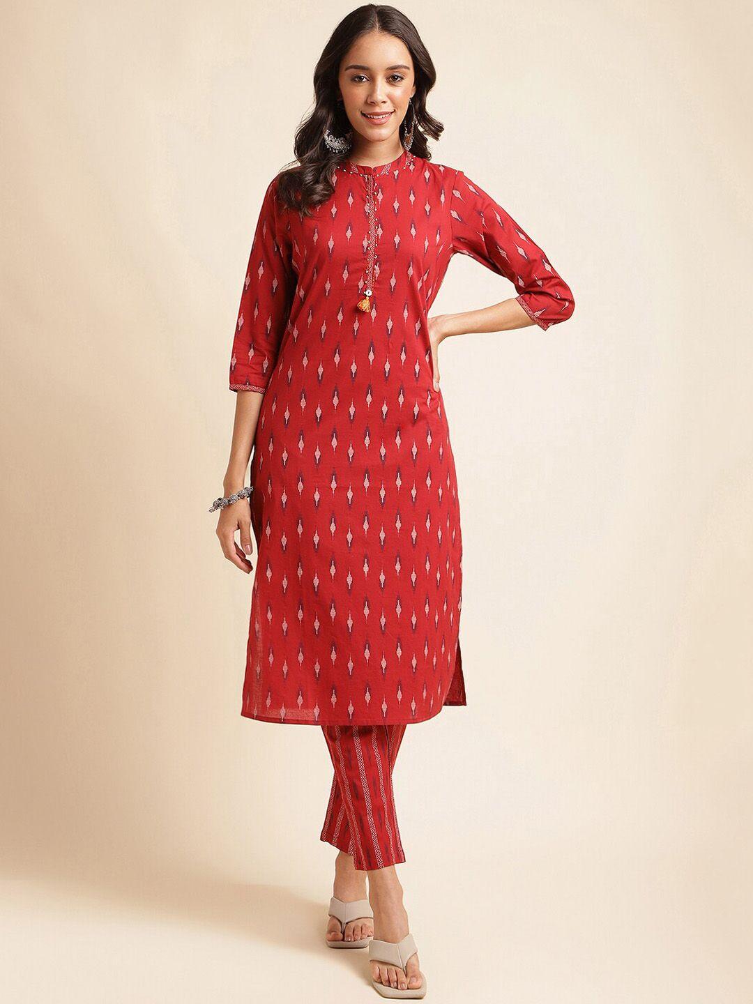 mesmora fashion geometric printed regular pure cotton kurta with trousers