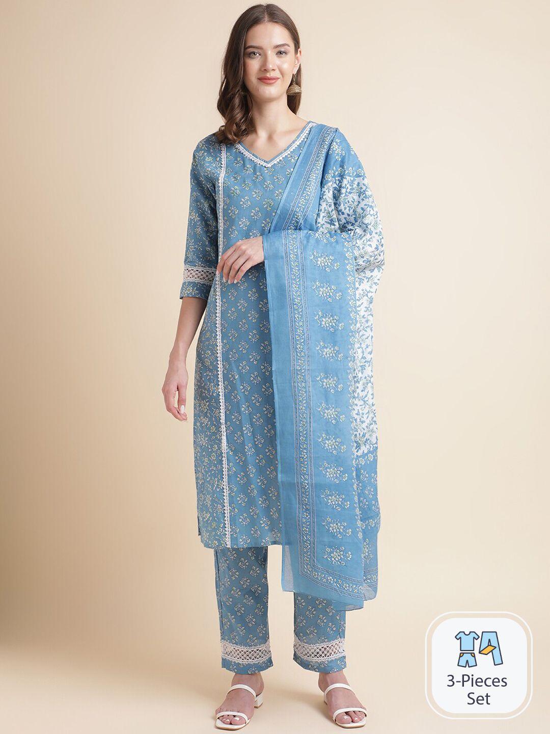 mesmora fashion floral printed pure cotton regular kurta with trousers & dupatta