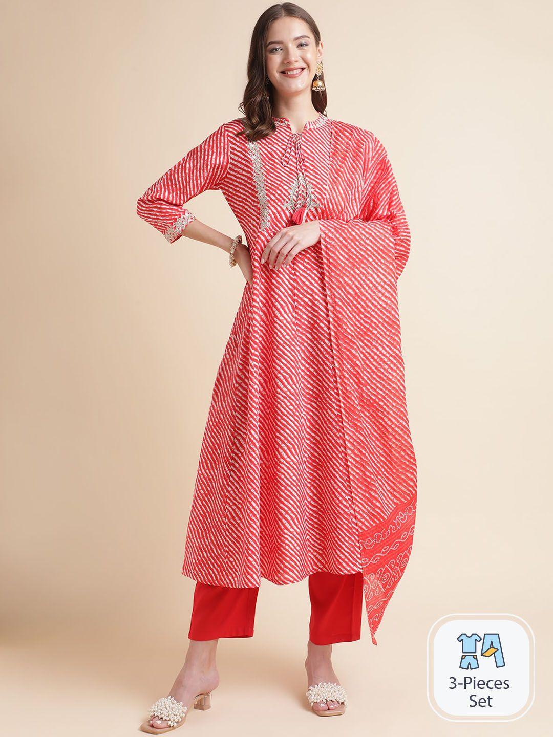 mesmora fashion leheriya printed pure cotton regular kurta with trousers & dupatta