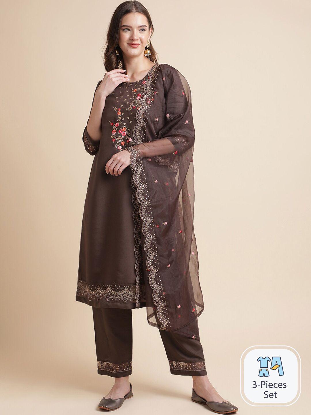 mesmora fashion floral embroidered pure cotton regular kurta with trousers & dupatta