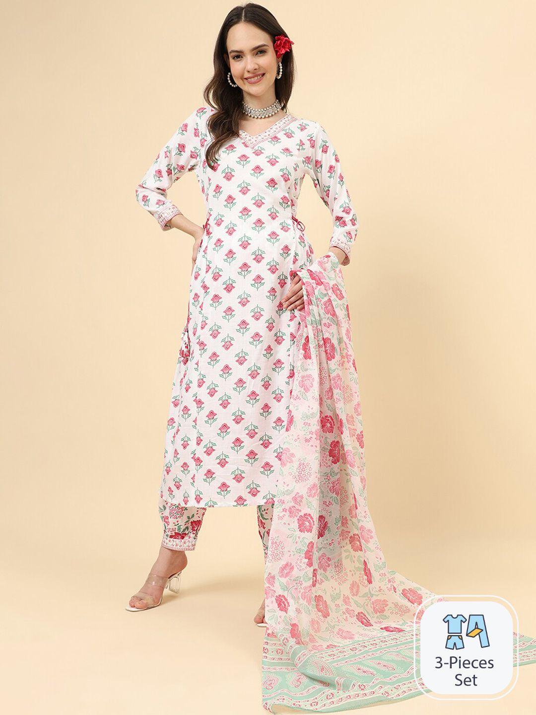 kalini floral printed v-neck regular kurta & trousers with dupatta