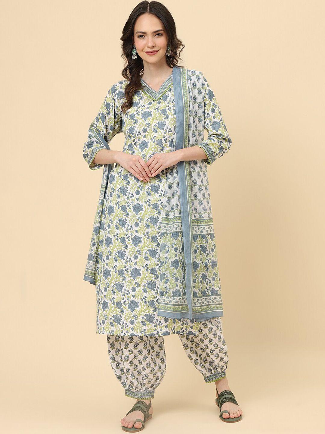 kalini floral printed v-neck straight kurta & salwar with dupatta