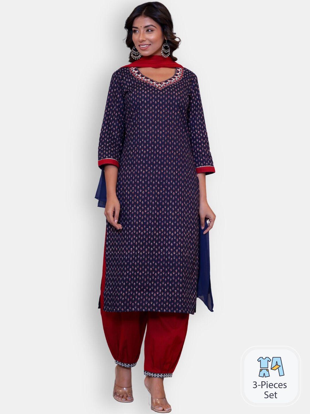 vedana ethnic motifs printed regular kurta with salwar & with dupatta