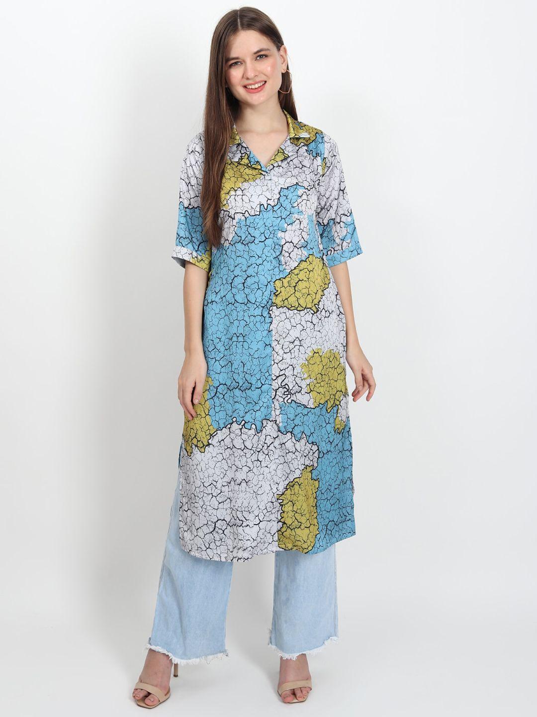 isam abstract printed cuban collar silk straight kurta