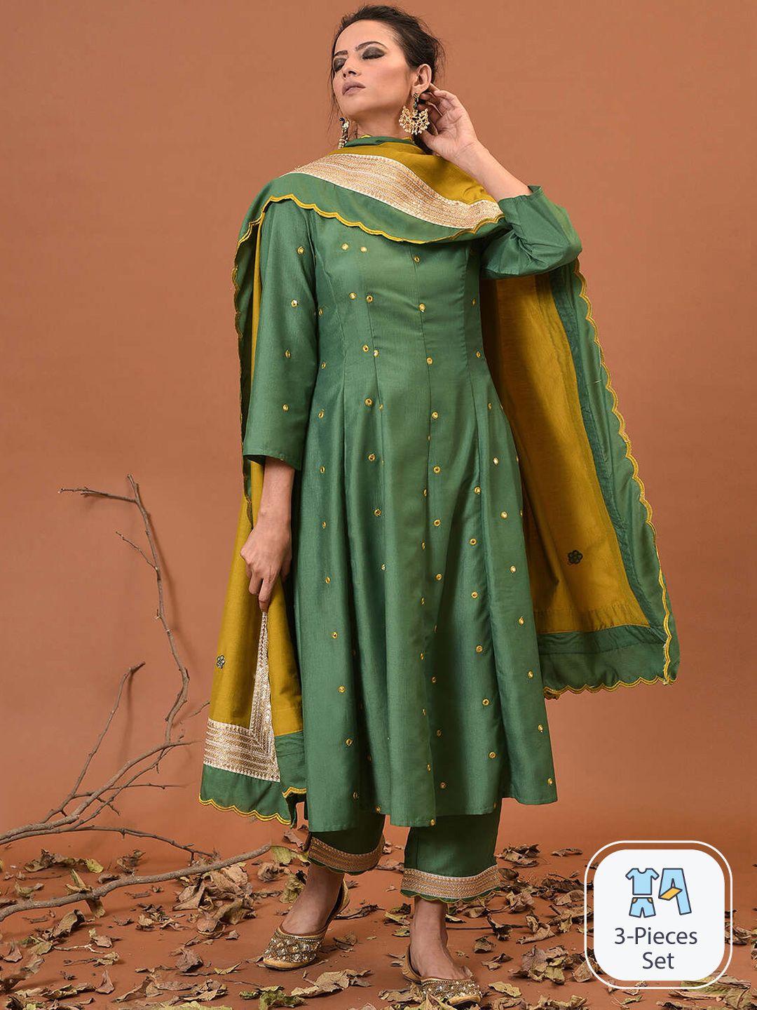 nuhh geometric embroidered mirror work kurta with trousers & dupatta