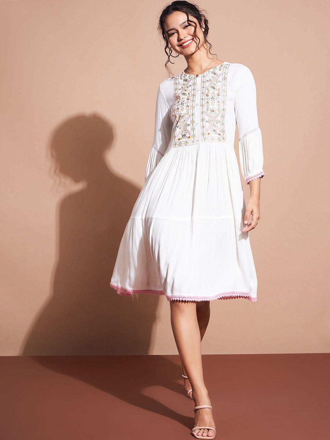 dressberry white geometric embroidered cuffed sleeves tiered fit & flare crepe dress