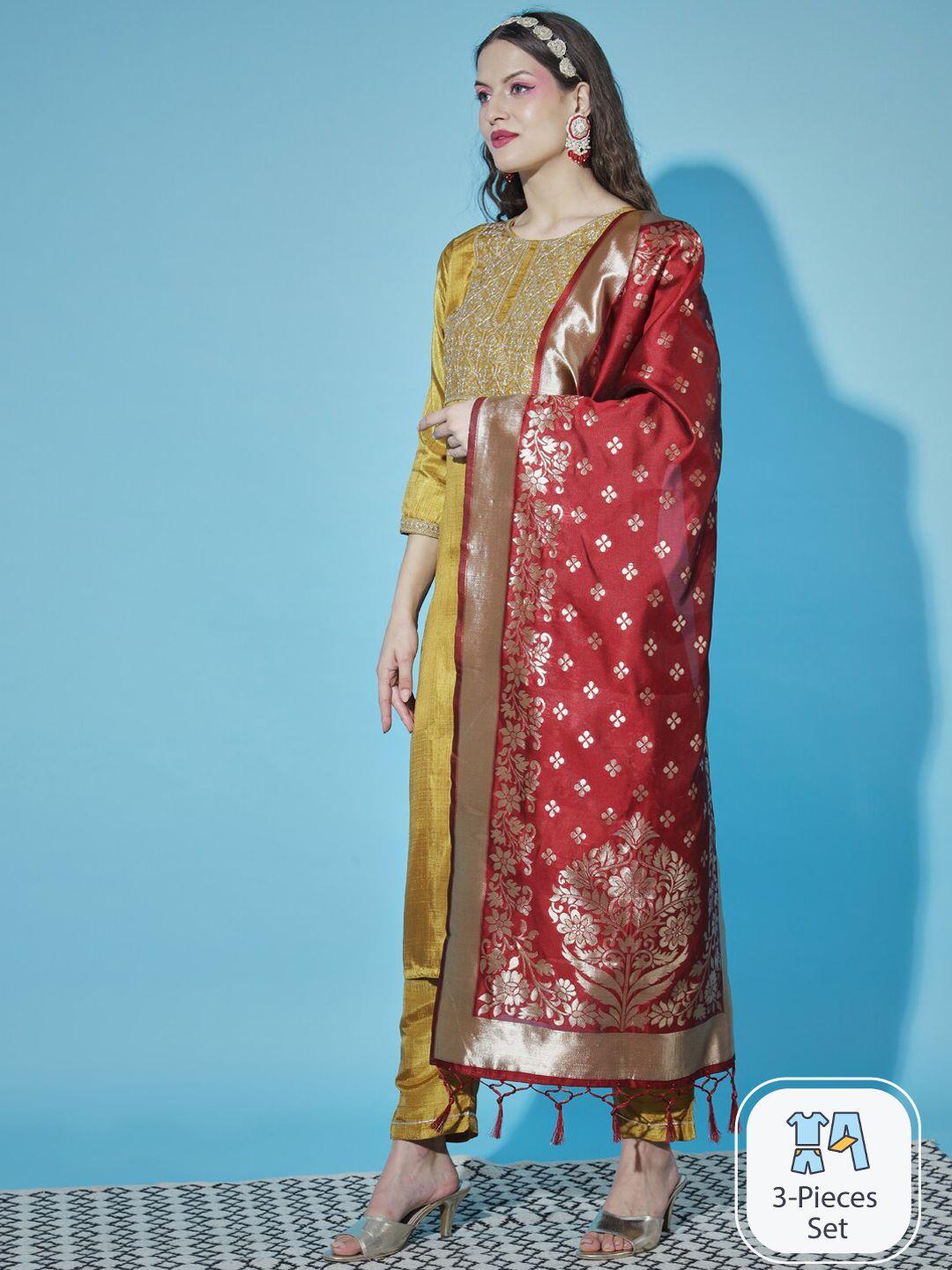 pptoss ethnic motifs yoke design regular kurta with trousers & dupatta