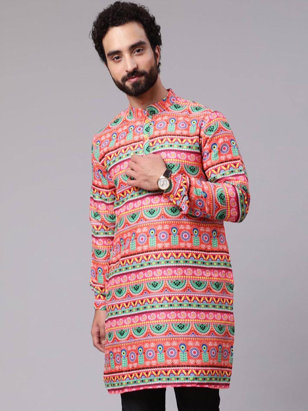 aks ethnic motifs printed band collar cotton straight kurta