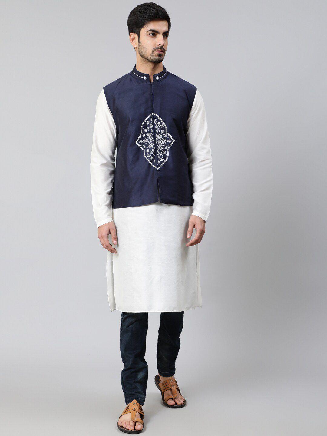 aks straight cotton kurta with embroidered nehru jacket