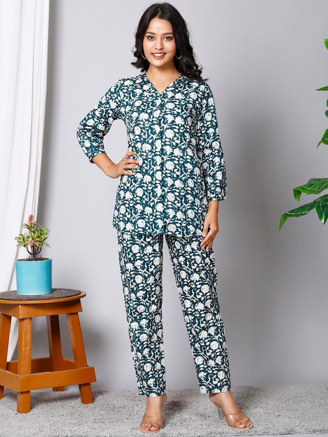 here&now floral printed v-neck three-quarter sleeve pure cotton co-ords set