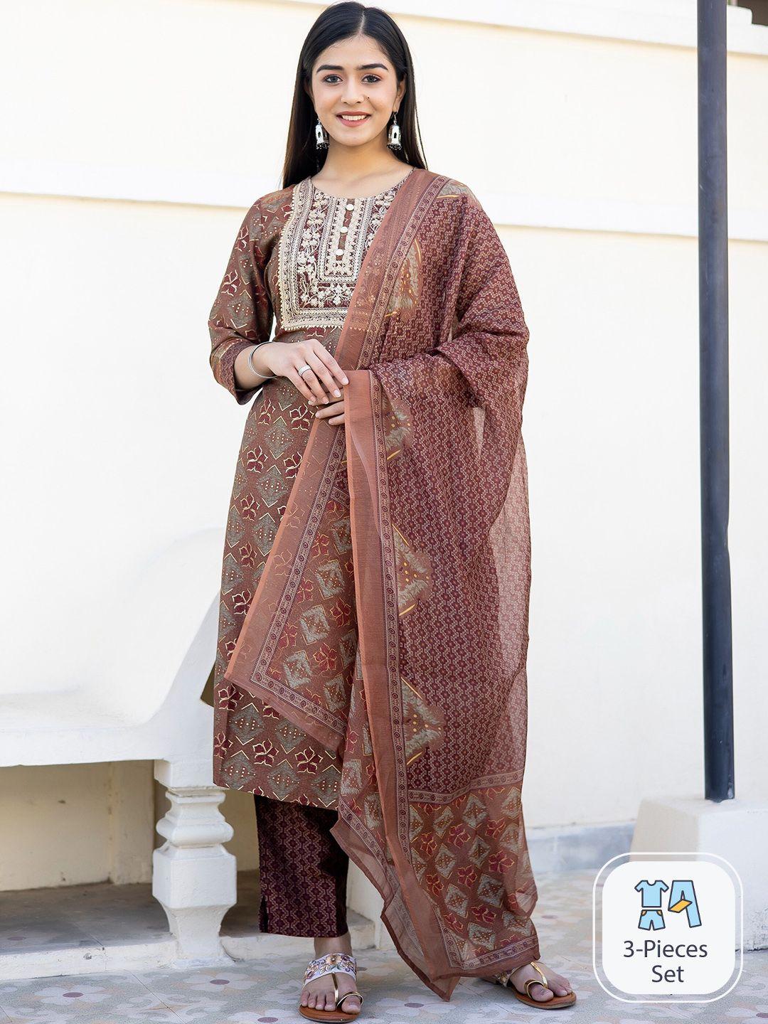 misbis ethnic motifs printed gotta patti thread work kurta with trousers & dupatta