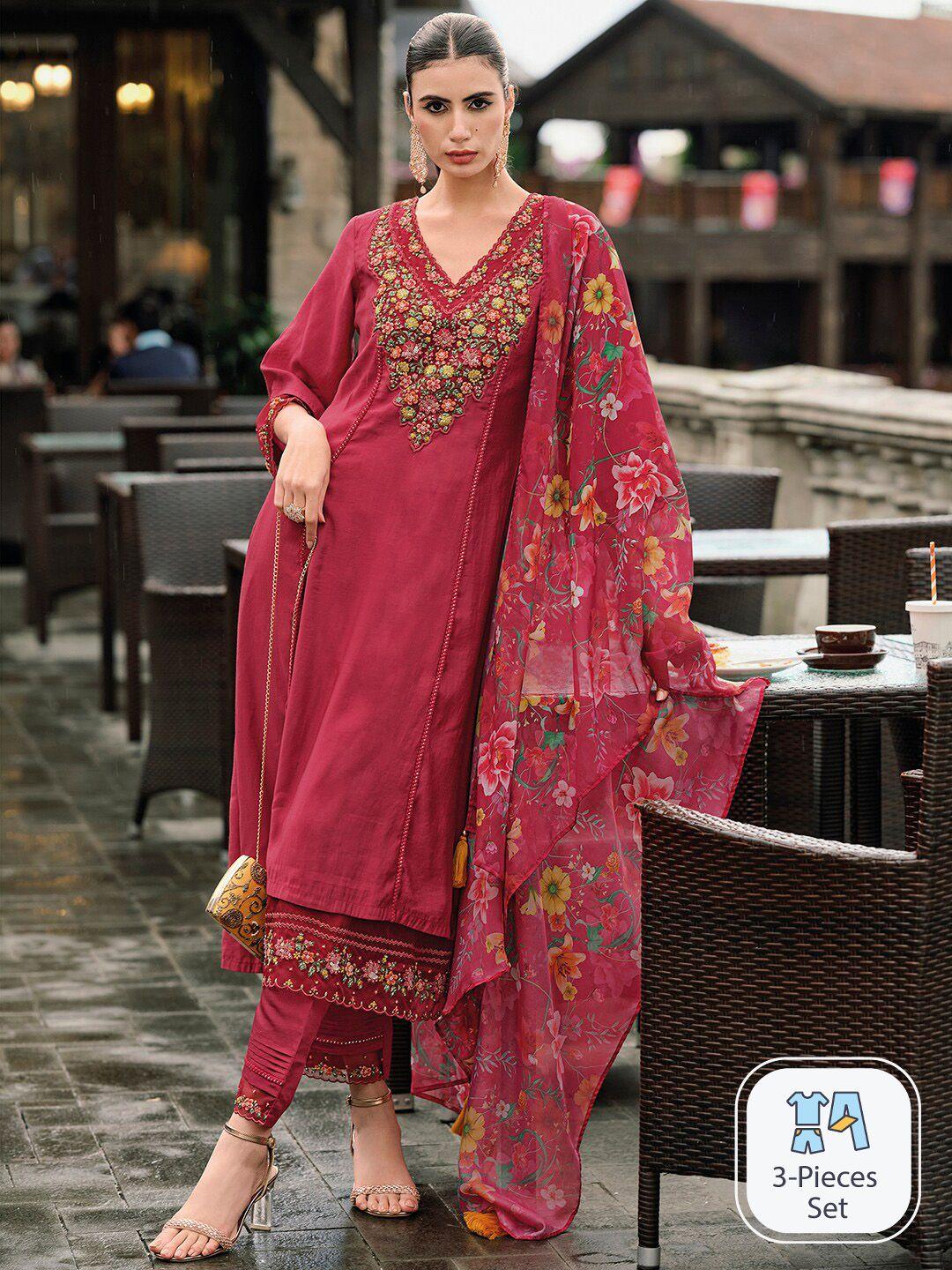 indo era floral embroidered panelled thread work a-line kurta with trousers & dupatta