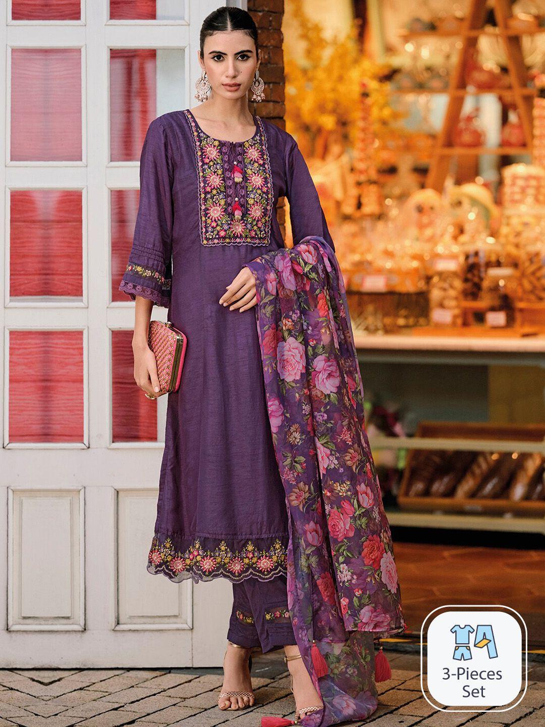 indo era floral yoke design regular thread work a-line kurta with trousers & with dupatta