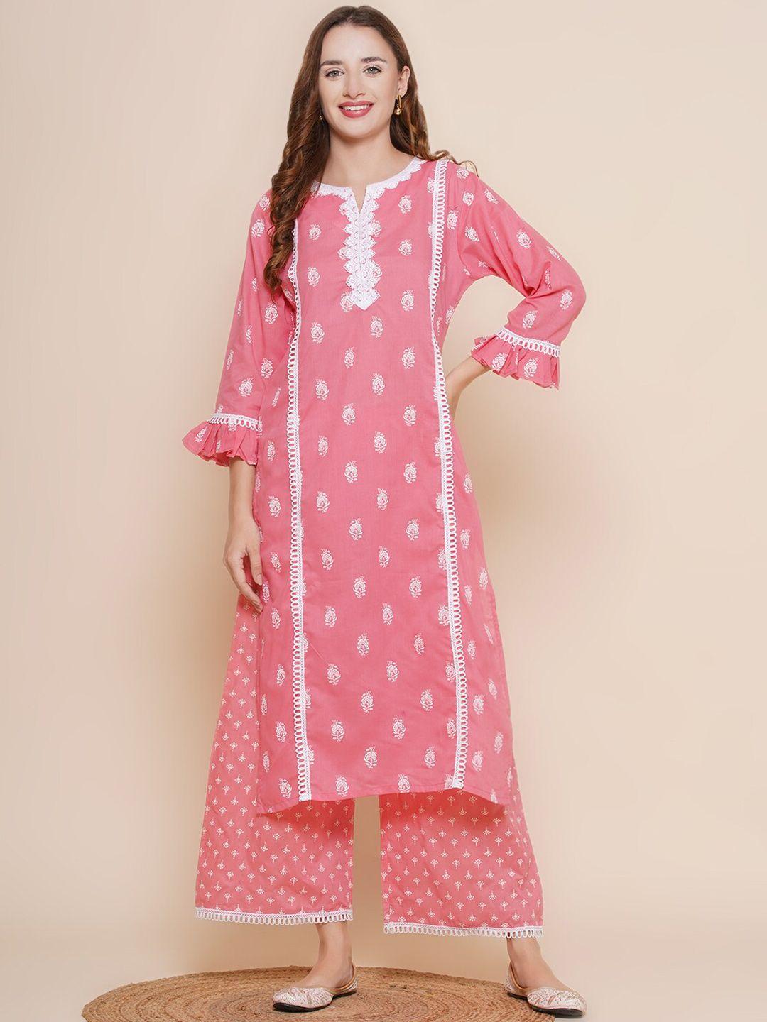 bhama couture ethnic motifs printed thread work pure cotton kurta with palazzos