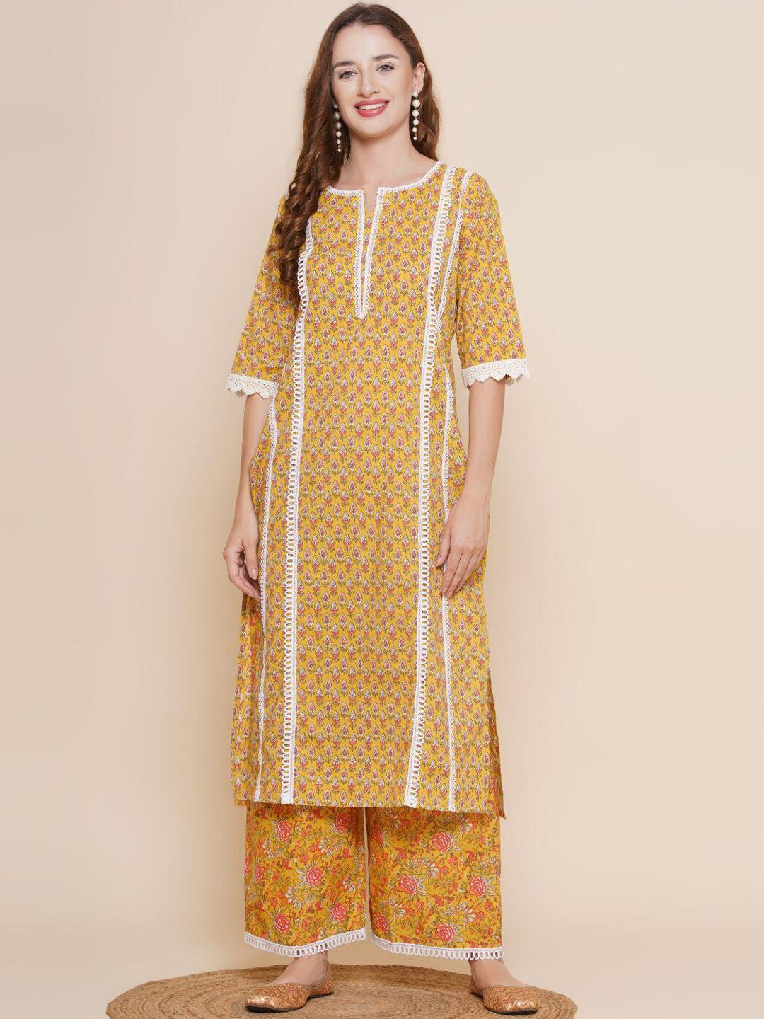 bhama couture ethnic motifs printed regular thread work pure cotton kurta with palazzos