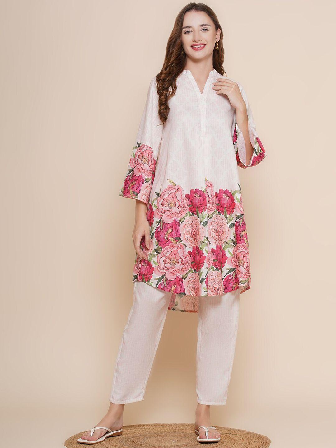 bhama couture floral printed mandarin collar a-line kurta with palazzos