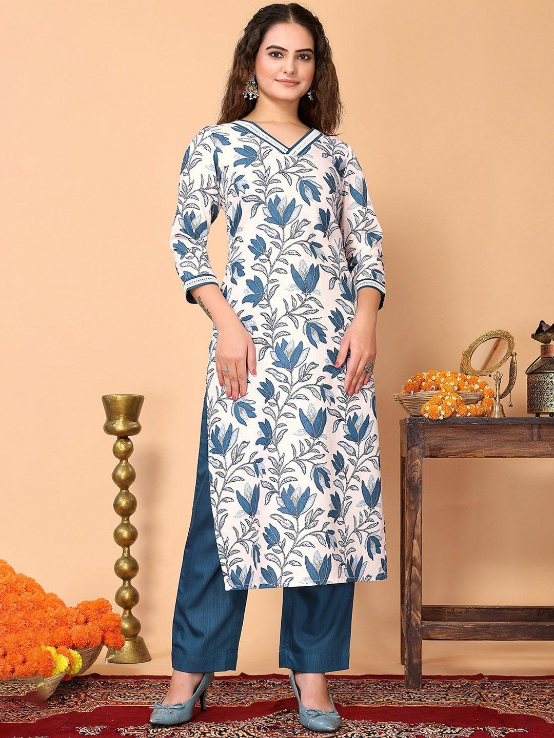 here&now floral printed v-neck straight kurta with trousers