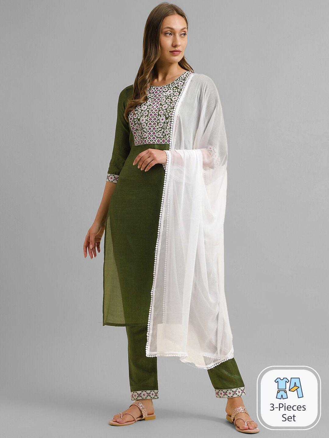 skylee floral embroidered regular sraight kurta & trousers with dupatta