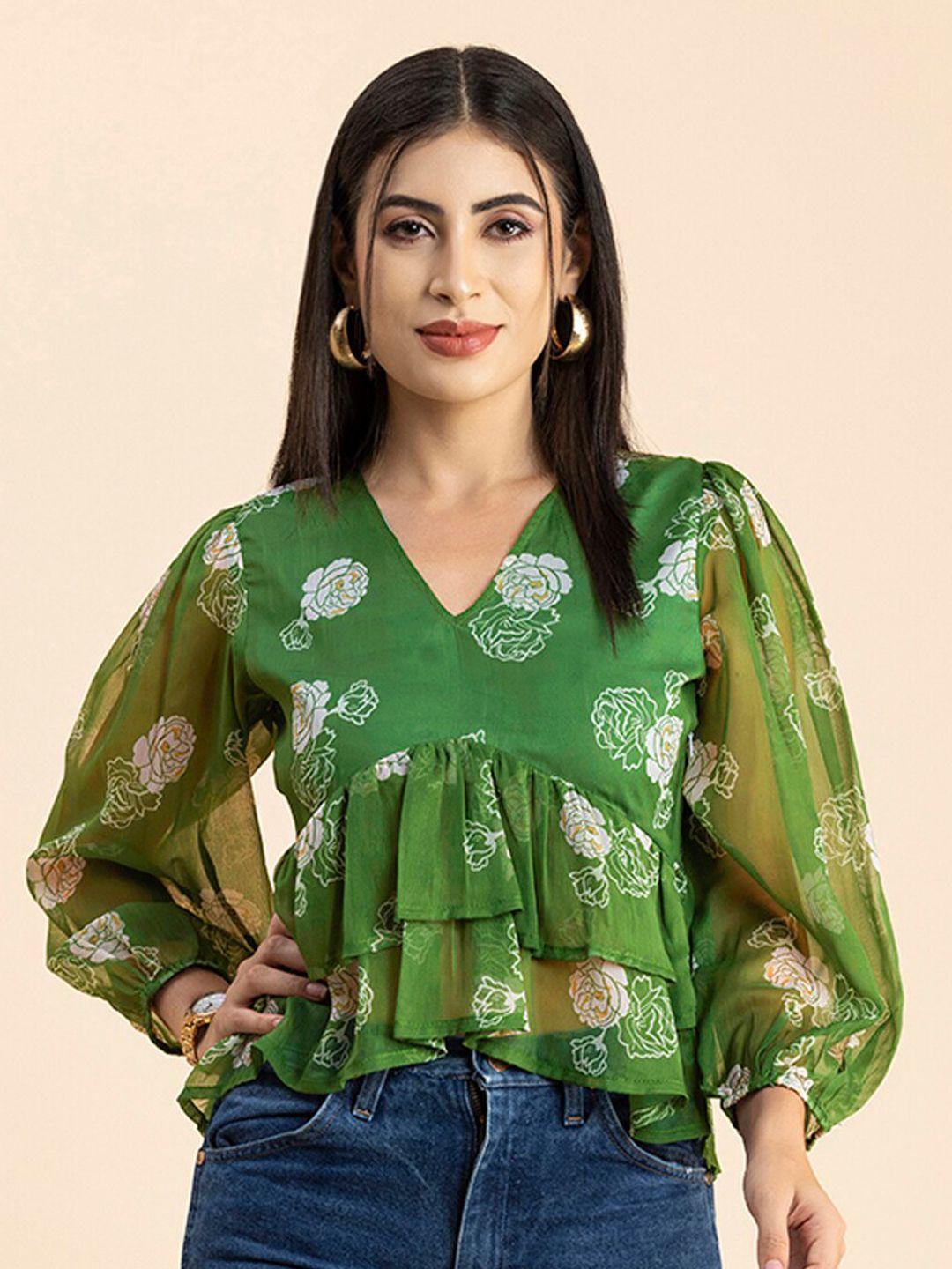 moomaya floral printed v-neck puff sleeves layered empire top