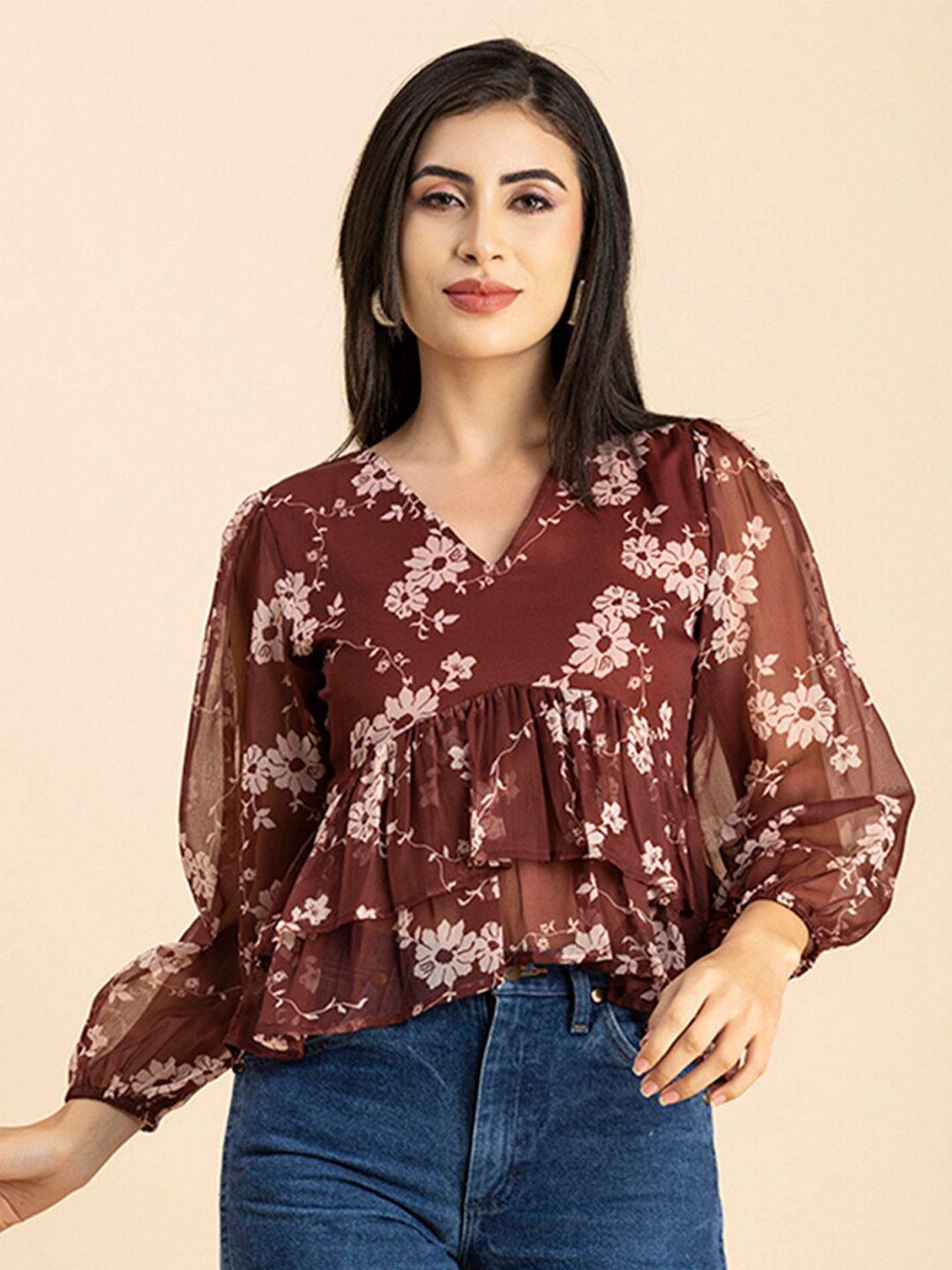 moomaya floral printed v-neck empire chiffon top