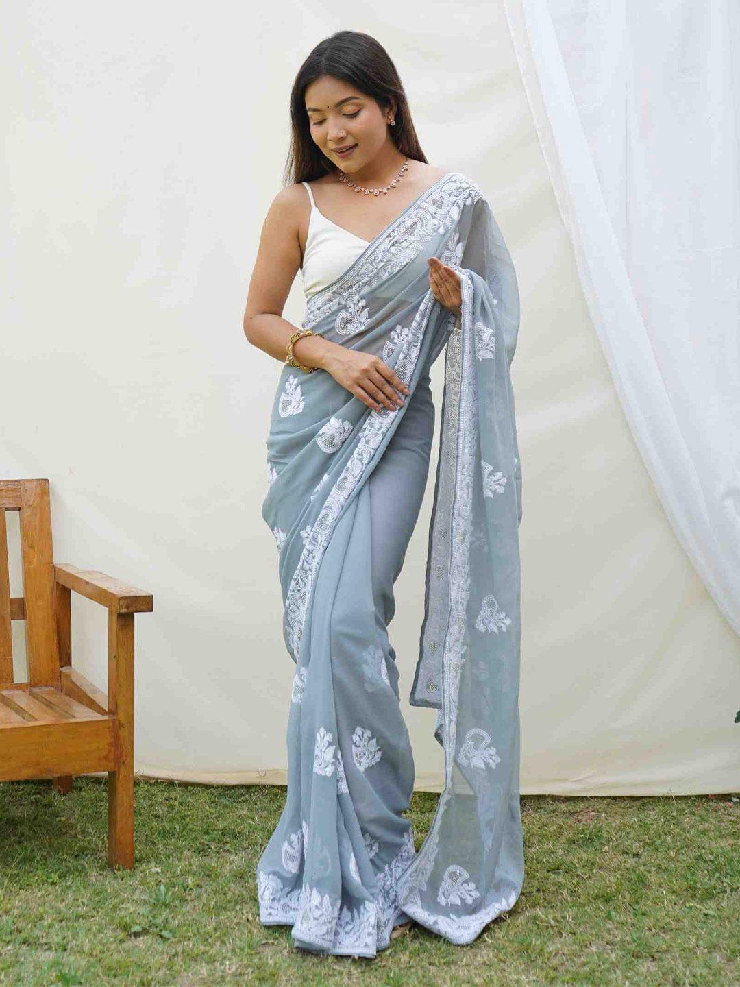 mitera grey floral embroidered pure georgette saree