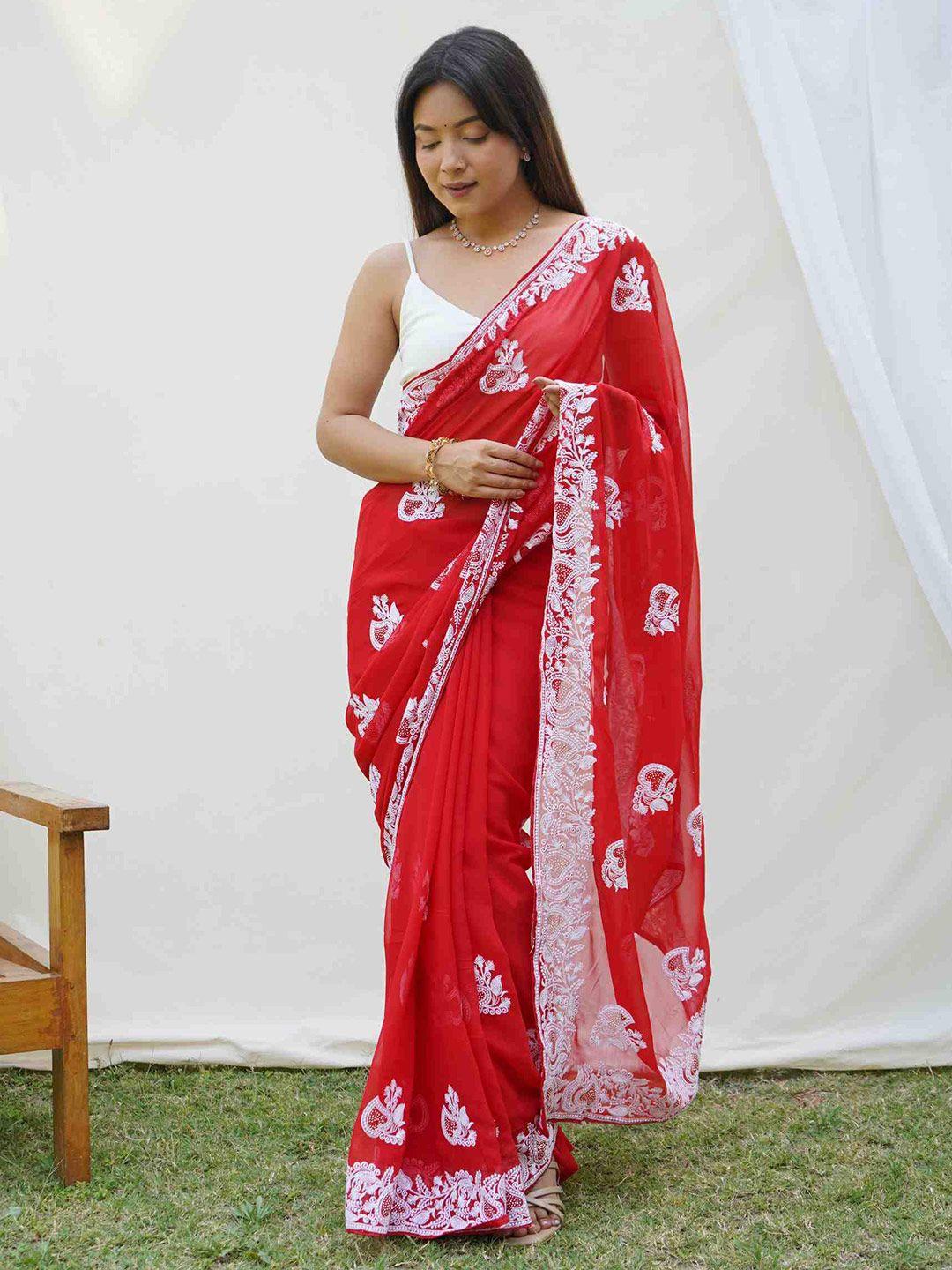 mitera red & white floral embroidered pure georgette saree