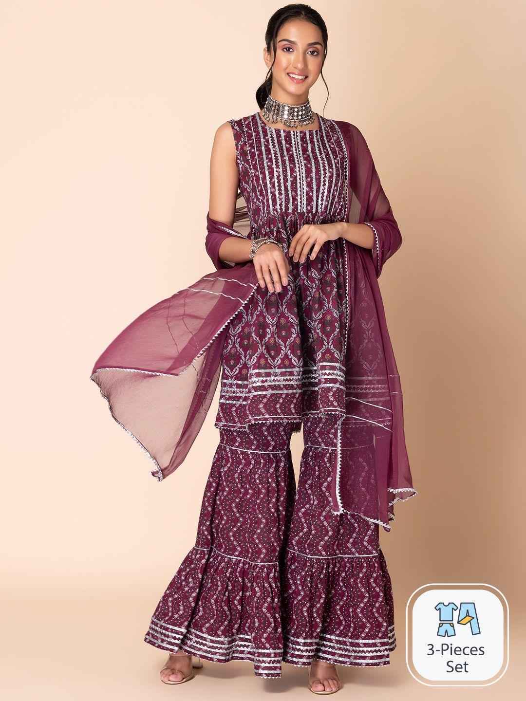 indya floral printed a-line pure cotton kurta with sharara & dupatta