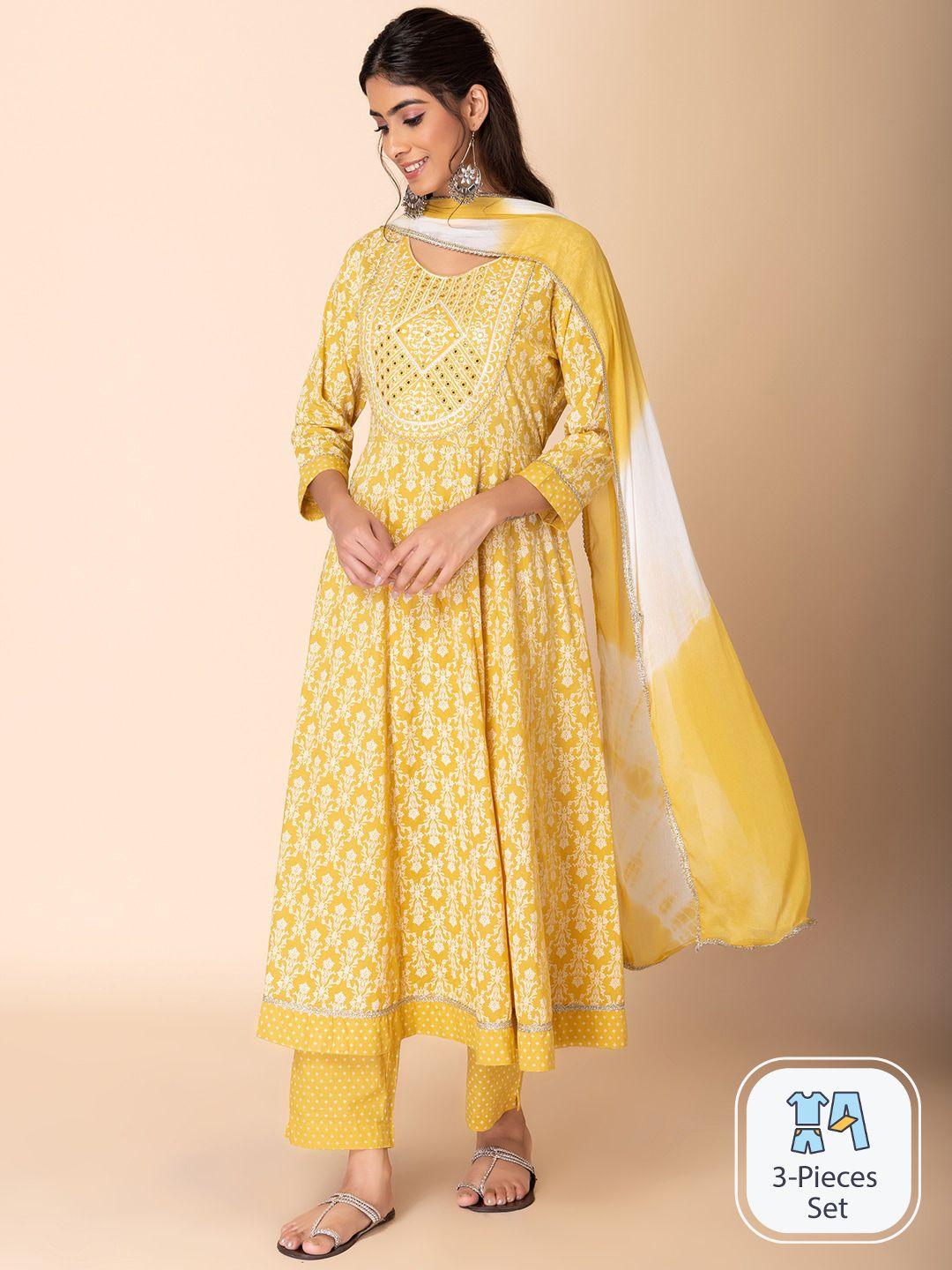 indya ethnic motifs printed pure cotton anarkali kurta with trouser & dupatta