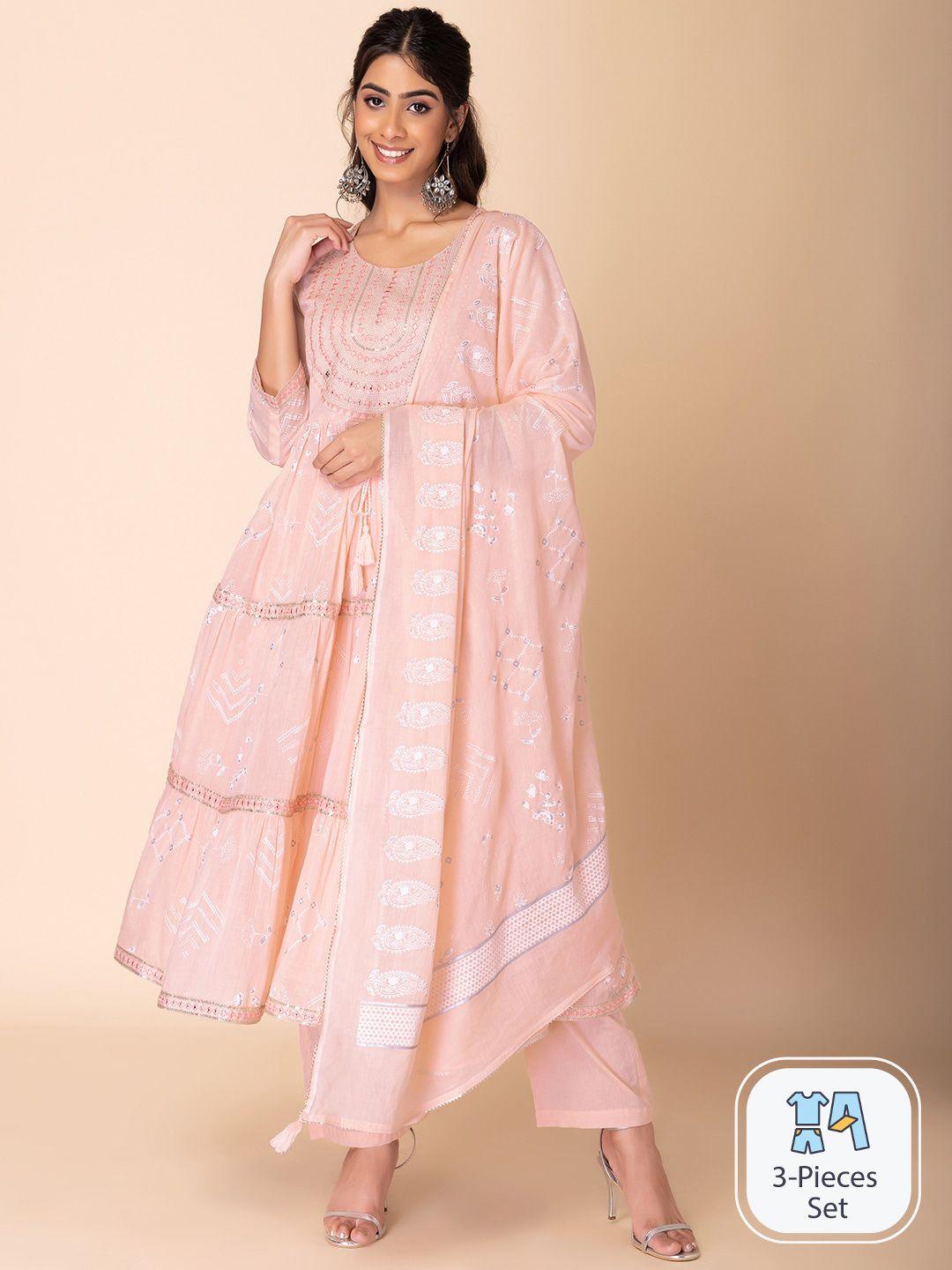 indya ethnic motifs printed mirror work pure cotton anarkali kurta with trouser & dupatta