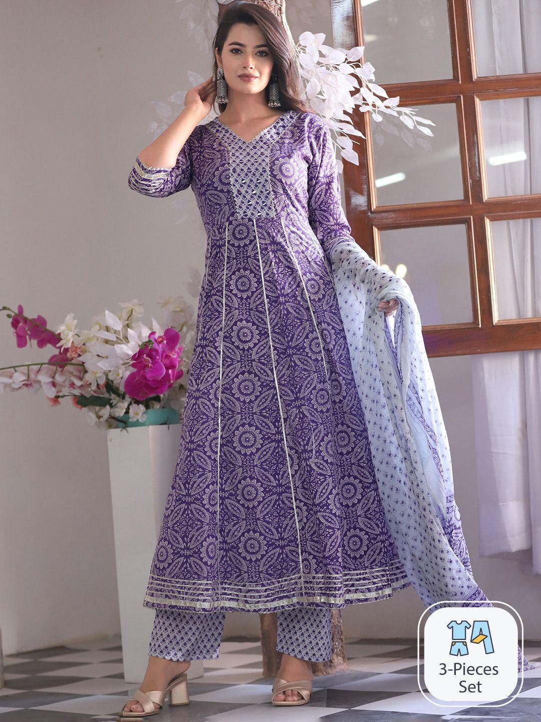 singni floral regular pure cotton anarkali kurta & trousers with dupatta