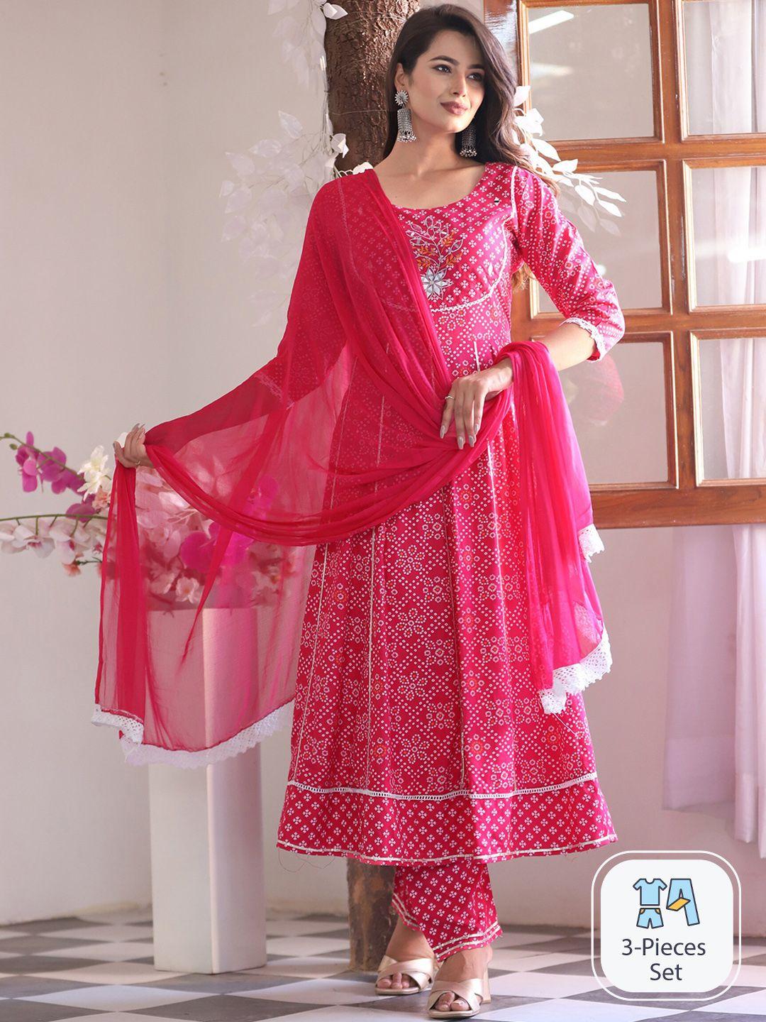 singni bandhani printed regular anarkali kurta & trousers with dupatta