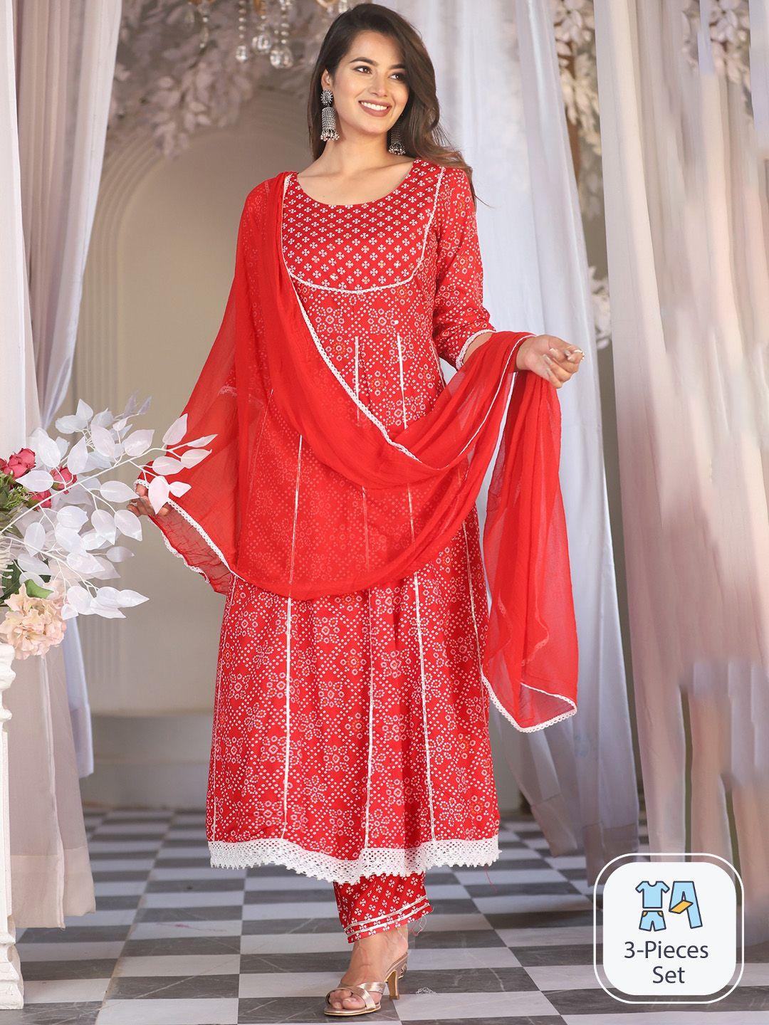 singni bandhani printed regular anarkali kurta & trousers with dupatta