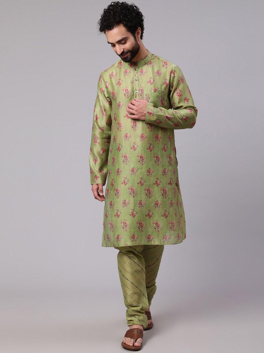 aks floral printed mandarin collar regular pure cotton kurta with churidar