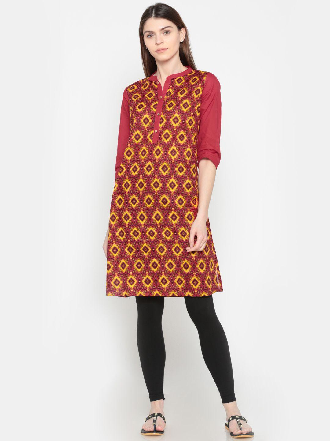 karigari women red & yellow printed straight kurta