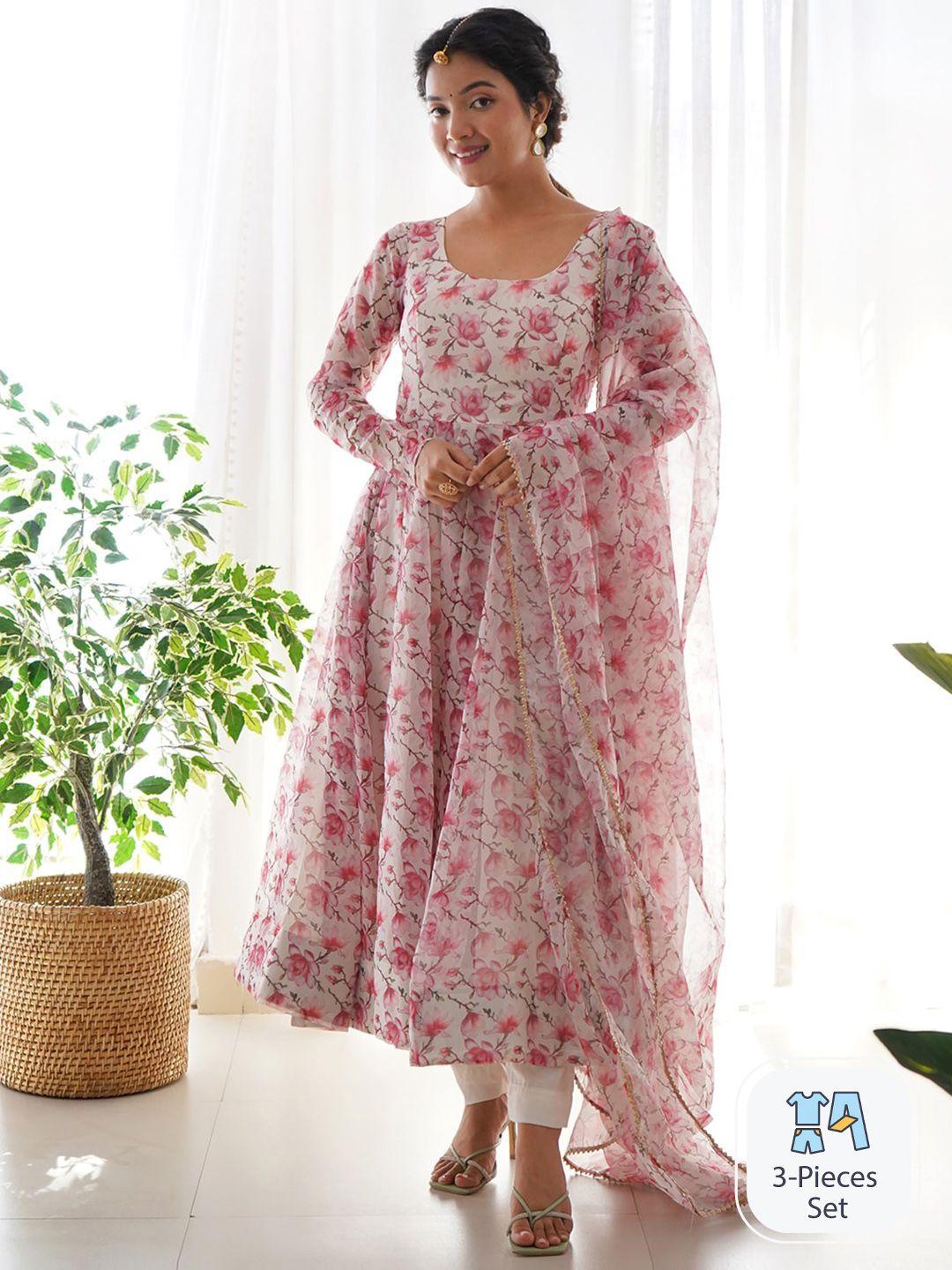 fusionic floral printed silk  anarkali kurta with trousers & dupatta