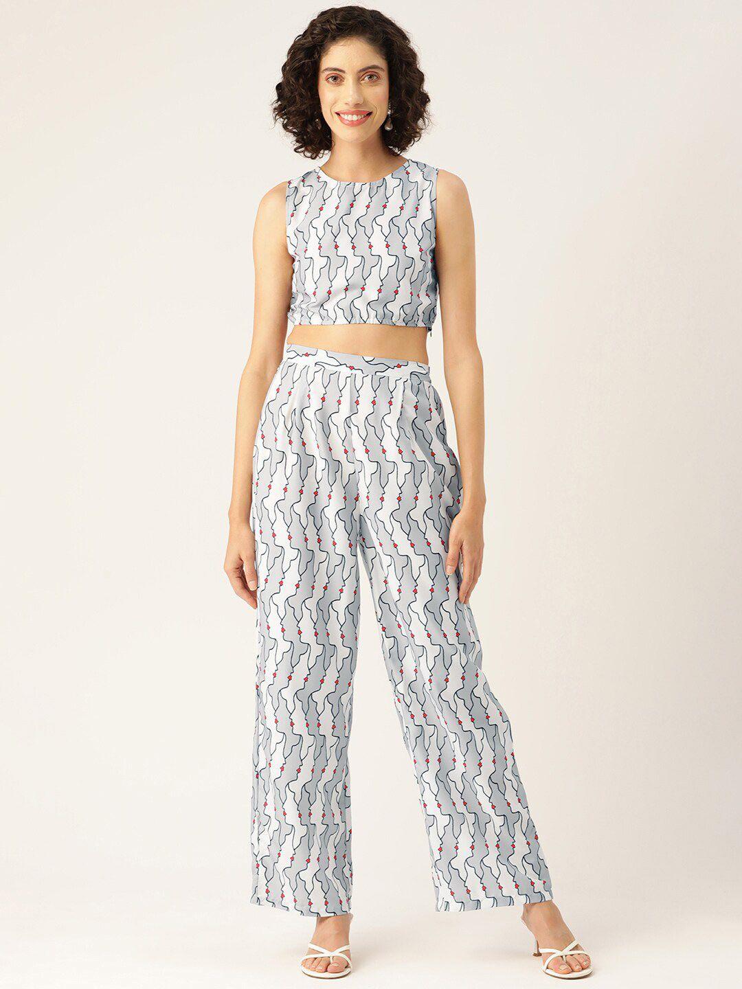 sleek italia printed sleeveless crop top with trousers