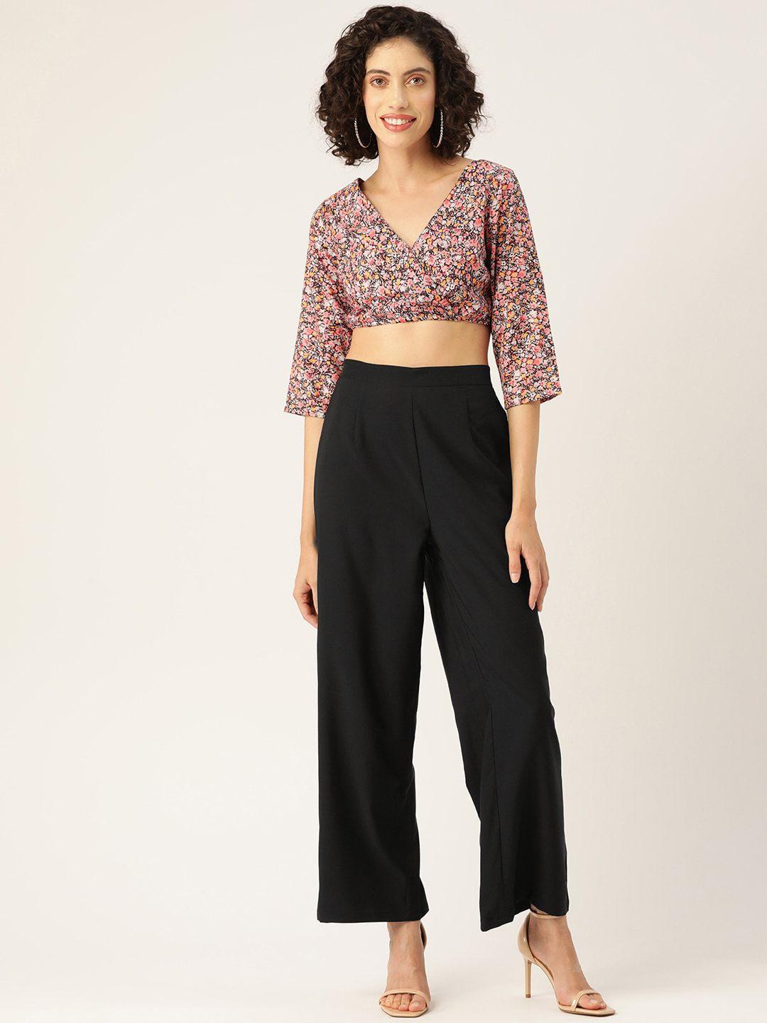 sleek italia floral printed v-neck crop top with straight trouser s