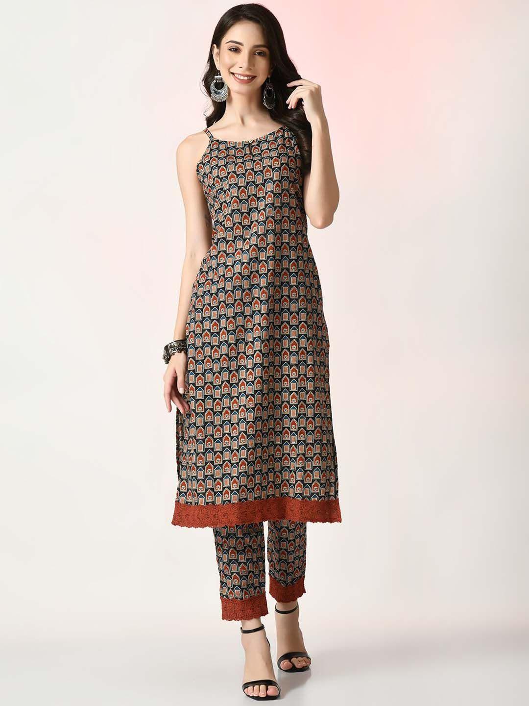 myshka ethnic motifs printed straight pure cotton kurta with trousers