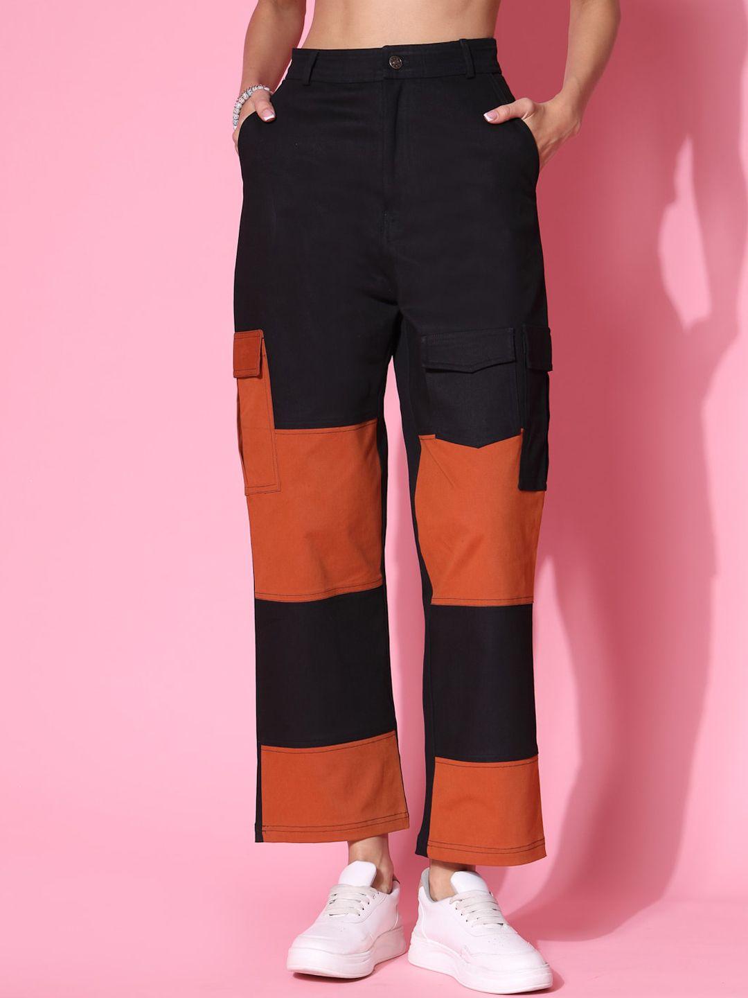 kassually women colourblocked straight fit pure cotton trousers