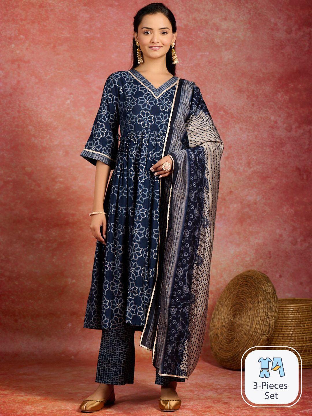 libas bandhani printed regular gotta patti kurta with trousers & dupatta