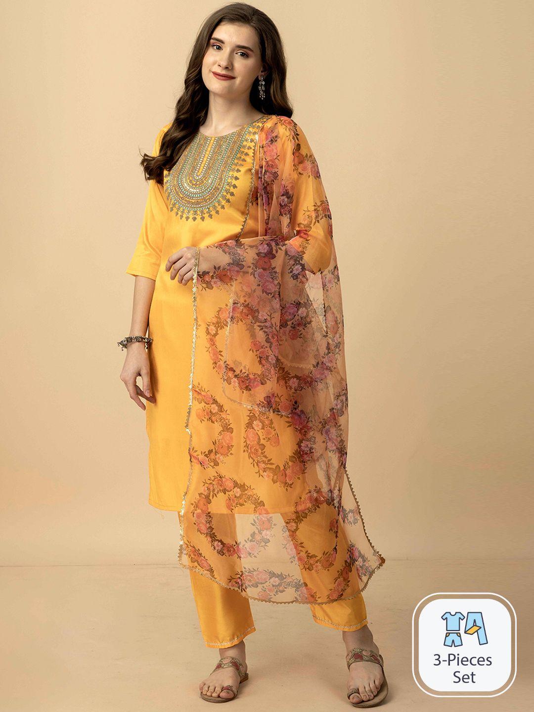 worivoc ethnic motifs embroidered kurta with trousers & dupatta